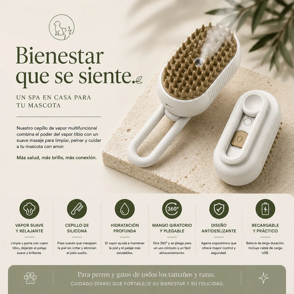 SteamPaw | Cepillo de Vapor 3 en 1 para Perros y Gatos | Limpieza, Masaje y Cuidado